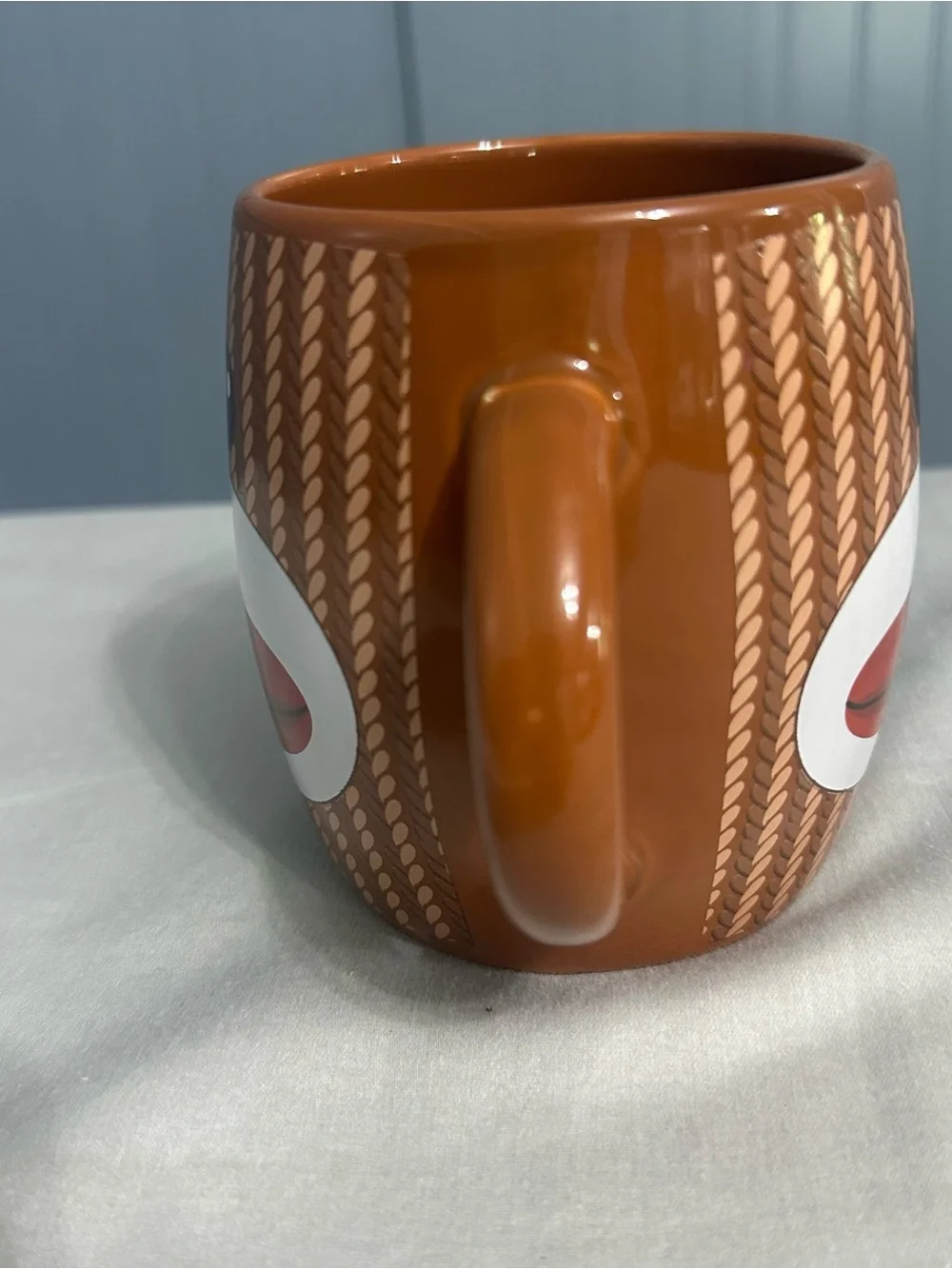 Galerie Sock Monkey Double Handle Mug Coffee Cup Brown Knit Pattern Ceramic